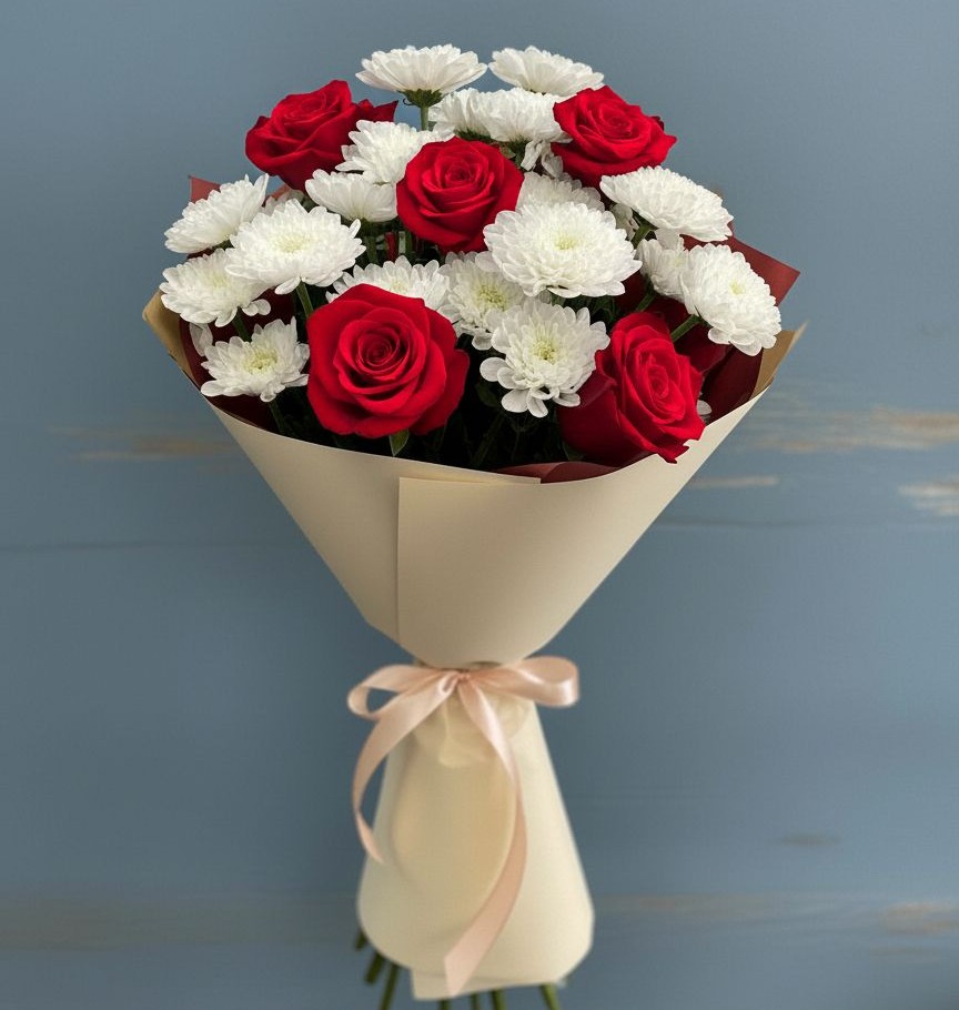 Букет цветов из: Розы и Хризантемы в Рощино Челябинская область