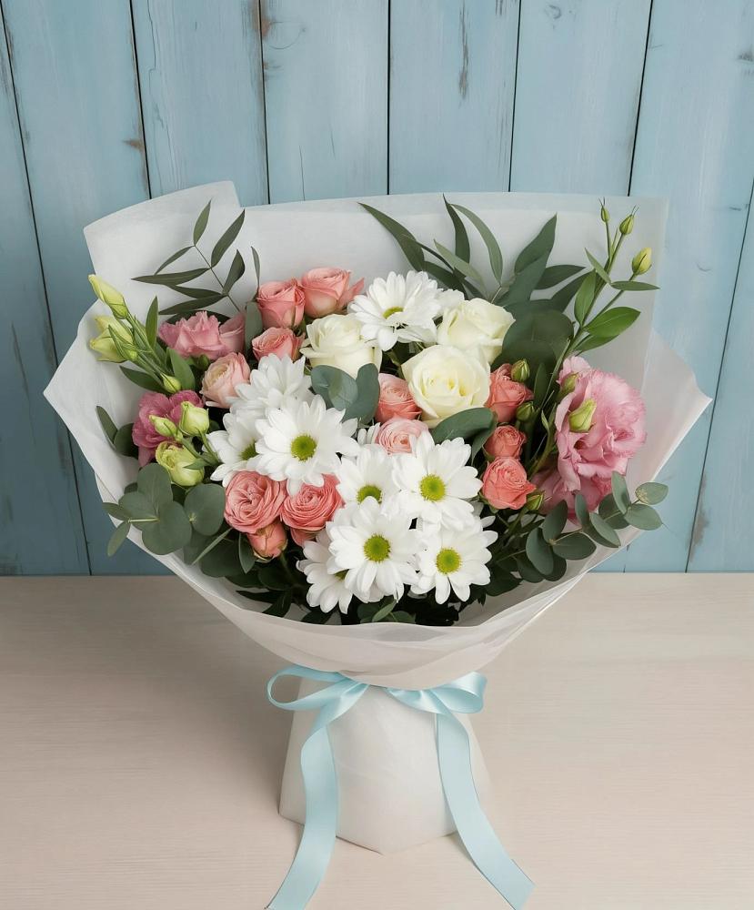Букет цветов из: Розы, Лизиантусы и Хризантемы в Рощино Челябинская область