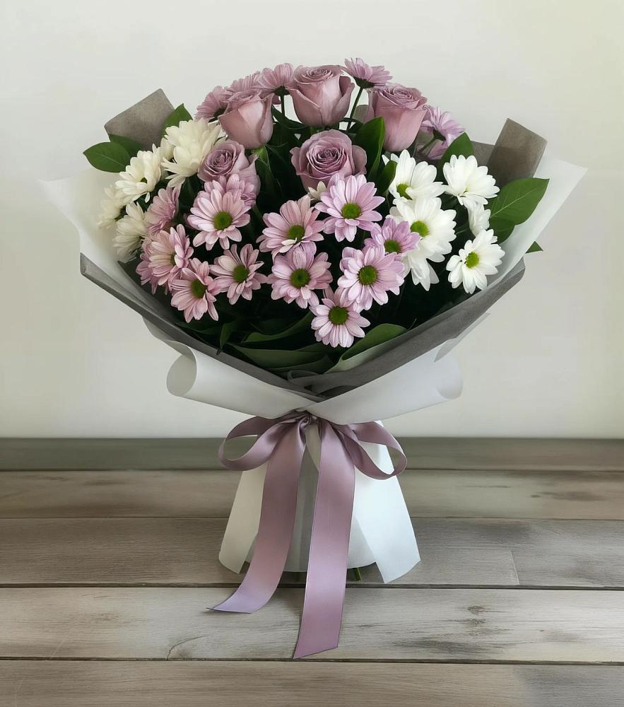 Букет цветов из: Хризантемы и Розы в Рощино Челябинская область
