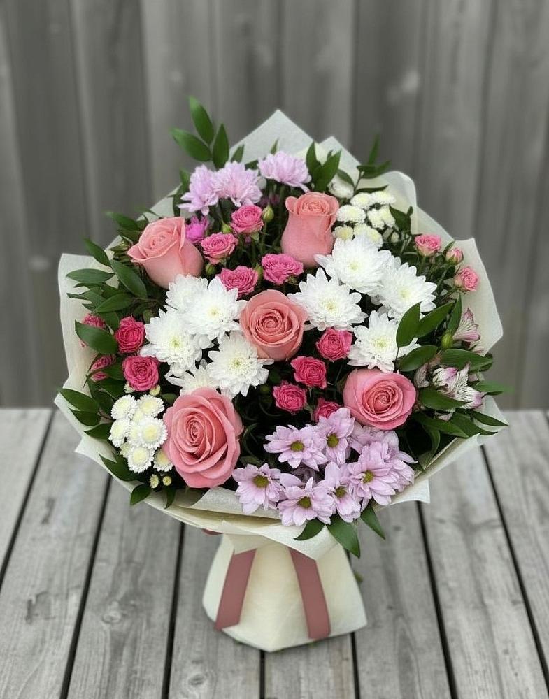 Букет цветов из: Альстромерии, Гвоздики, Розы и Хризантемы в Рощино Челябинская область