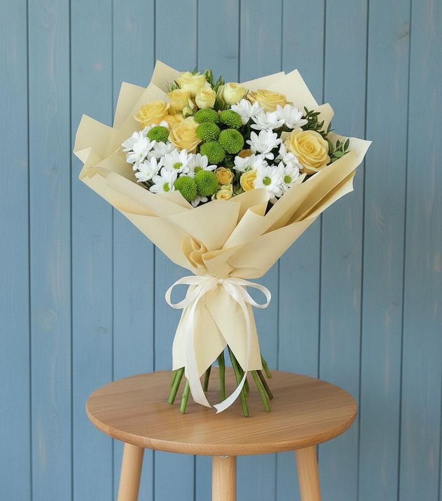 Букет цветов из: Хризантемы и Розы в Рощино Челябинская область