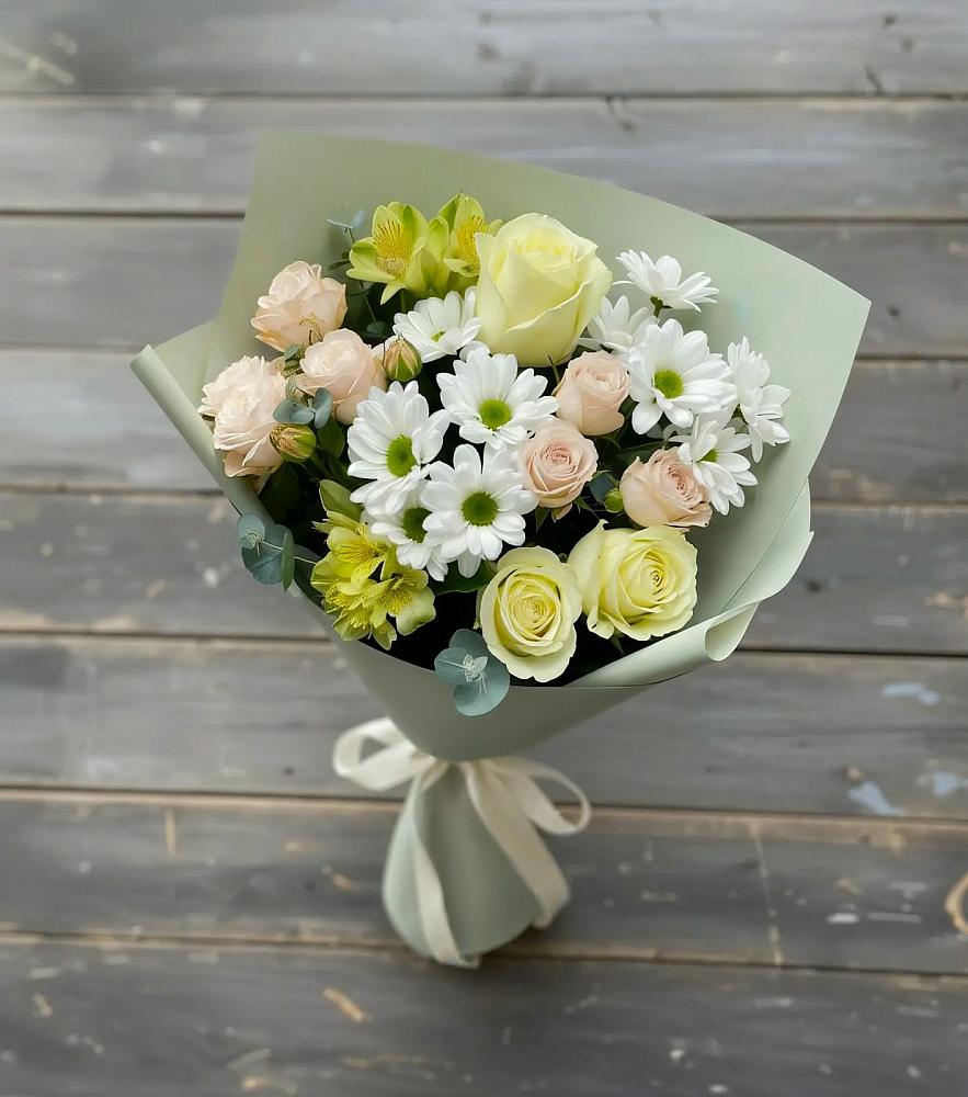 Букет цветов из: Альстромерии, Розы и Хризантемы в Рощино Челябинская область