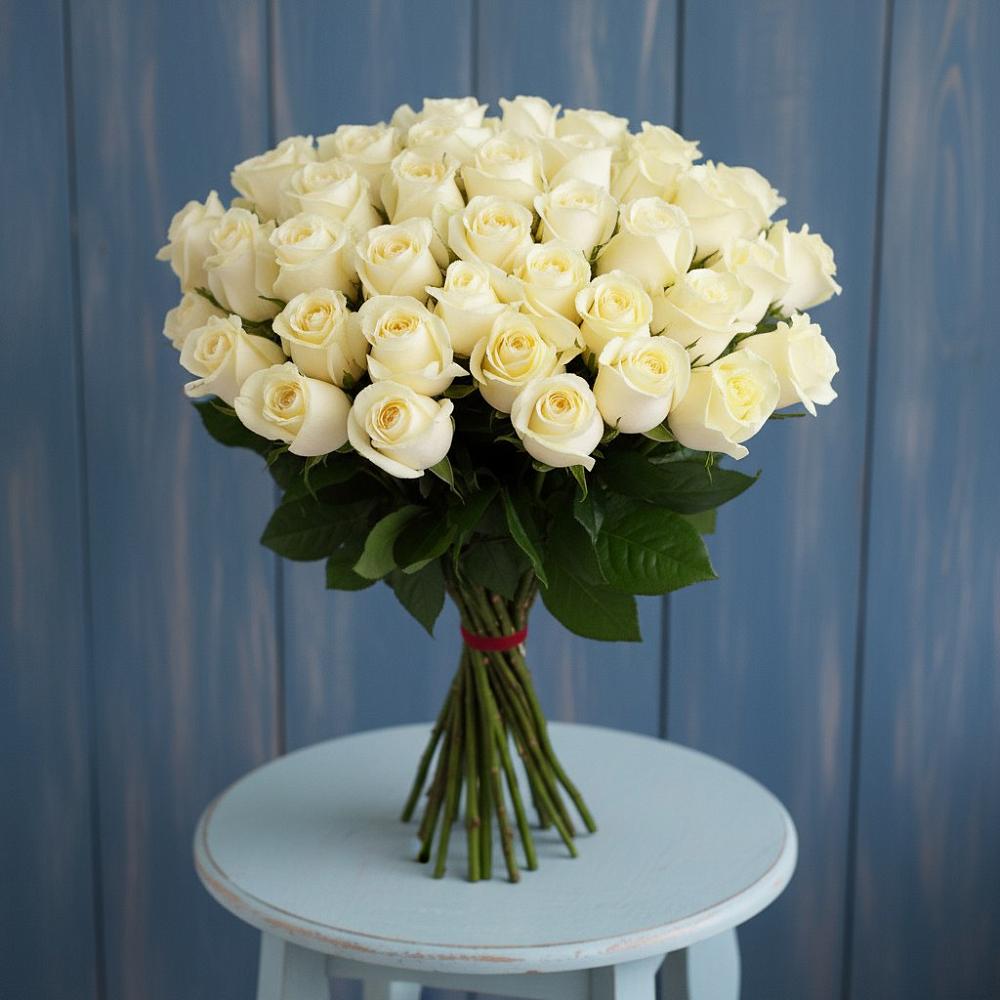 Букет 51 Белая роза Эдлесс Лав в Рощино Челябинская область