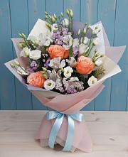 Букет цветов из:  Лизиантусы, Розы, Альстромерии и Гипсофила в Рощино Челябинская область