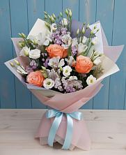 Букет цветов из:  Лизиантусы, Розы, Альстромерии и Гипсофила в Рощино Челябинская область