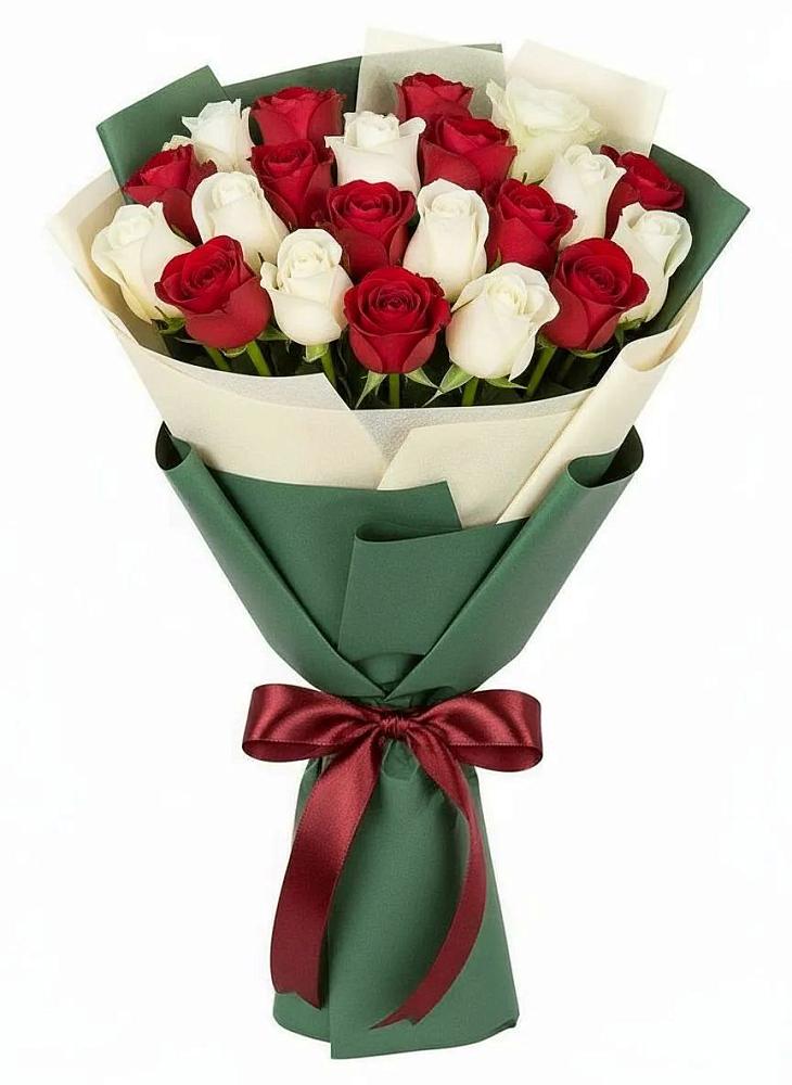 Букет Микс из красных и белых роз в Рощино Челябинская область