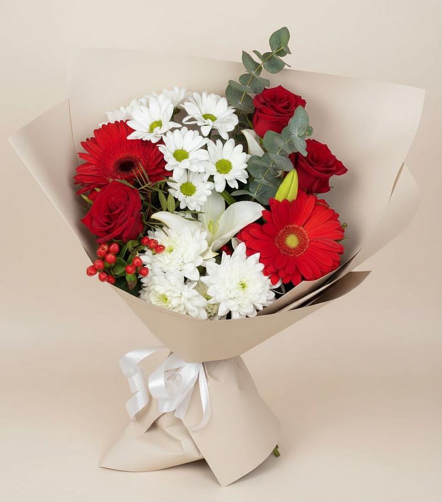 Букет цветов из: Розы, Хризантемы, Герберы и Лилии в Рощино Челябинская область