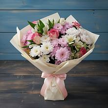 Букет цветов из:  Хризантемы, Альстромерии и Розы в Рощино Челябинская область