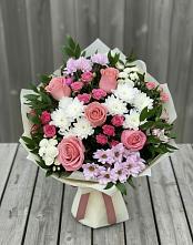 Букет цветов из:  Альстромерии, Гвоздики, Розы и Хризантемы в Рощино Челябинская область