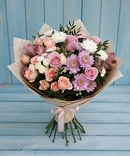 Букет цветов из:  Хризантемы, Розы и Альстромерии в Рощино Челябинская область