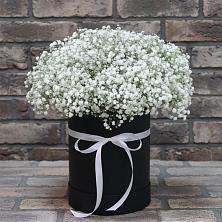 Цветочная композиция из Гипсофила в шляпной коробке в Рощино Челябинская область