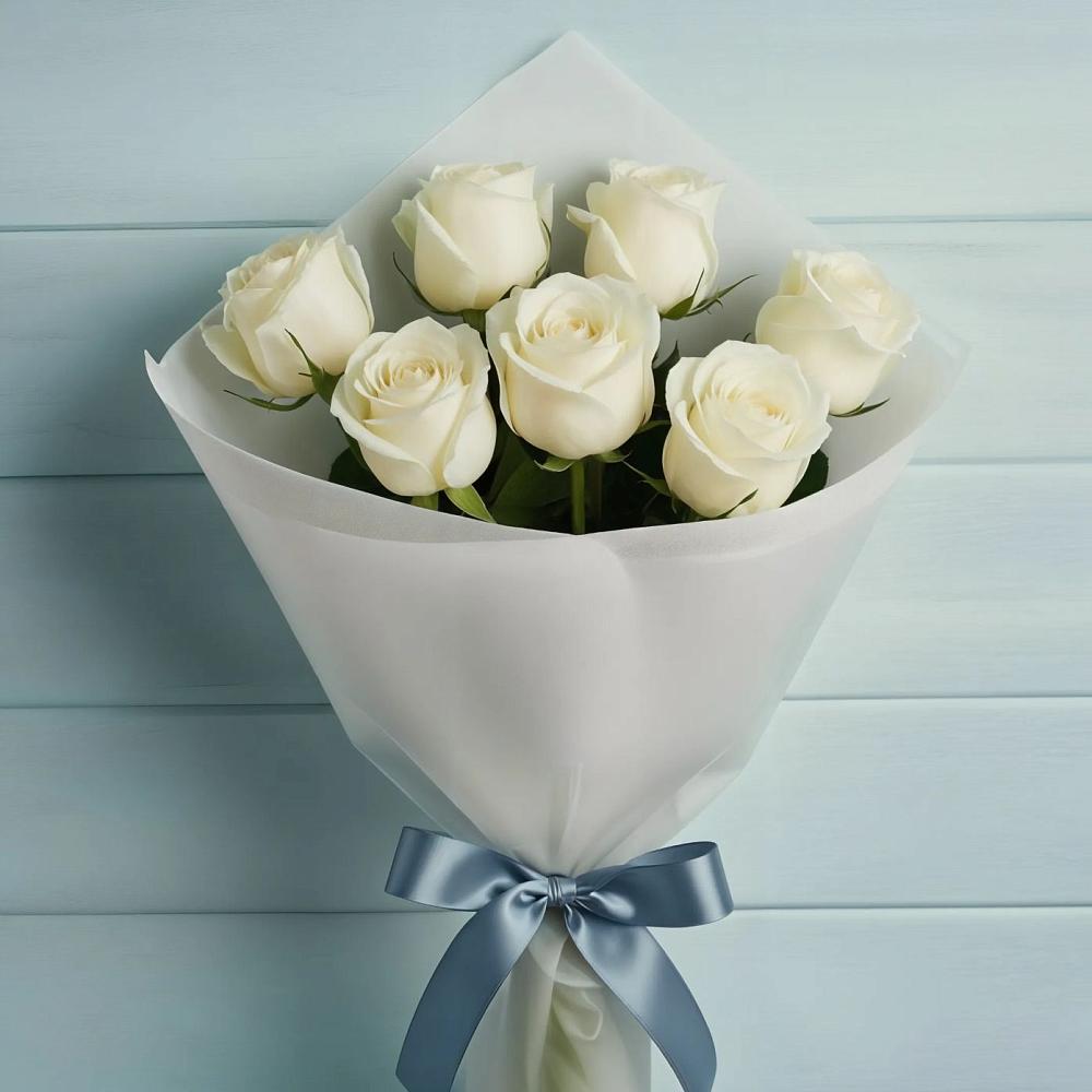 Букет 7 Белых роз Эдлесс Лав в Рощино Челябинская область