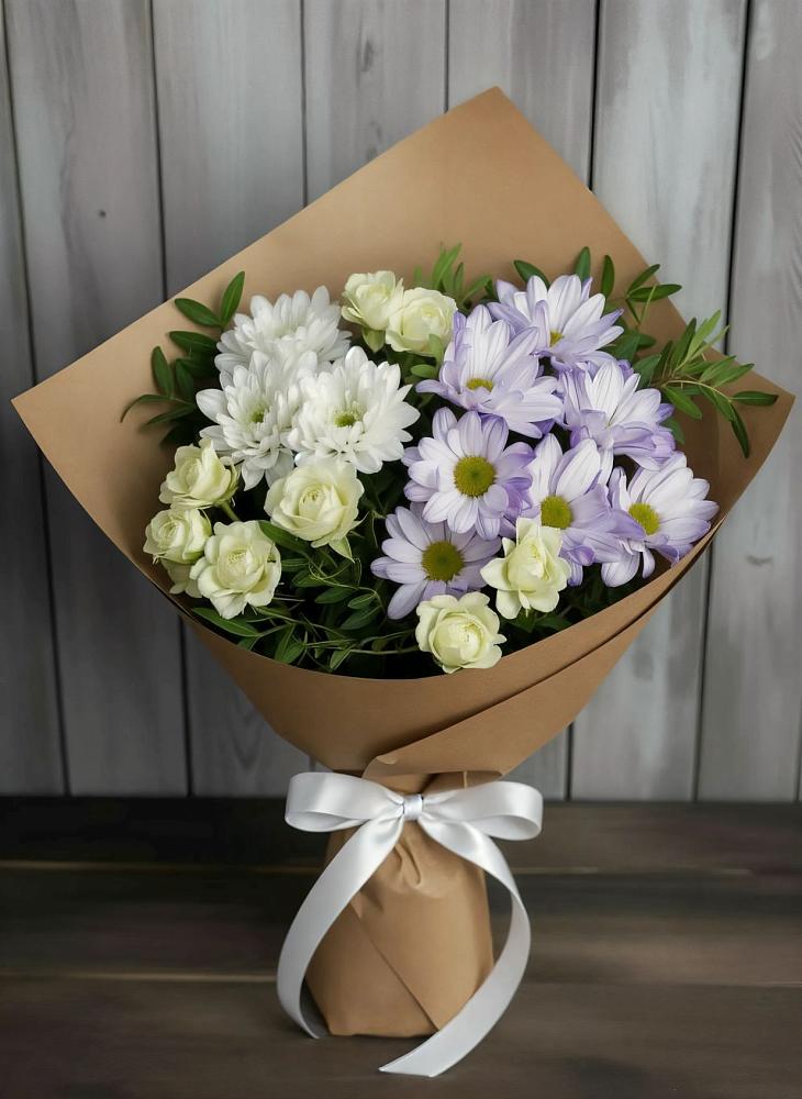 Букет цветов из: Хризантемы и Розы в Рощино Челябинская область